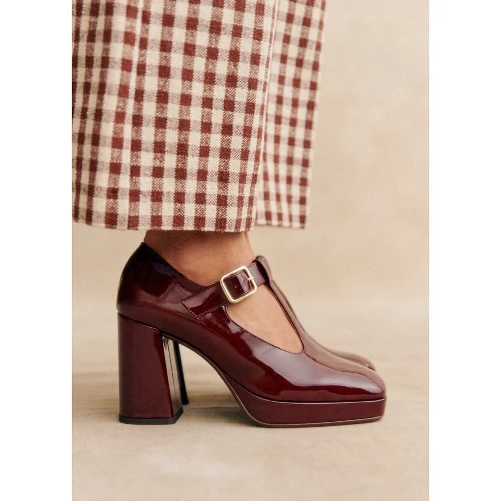 Sezane Monique Mary Jane Heels Burgundy Patent Leather Platform Pumps EU 39
